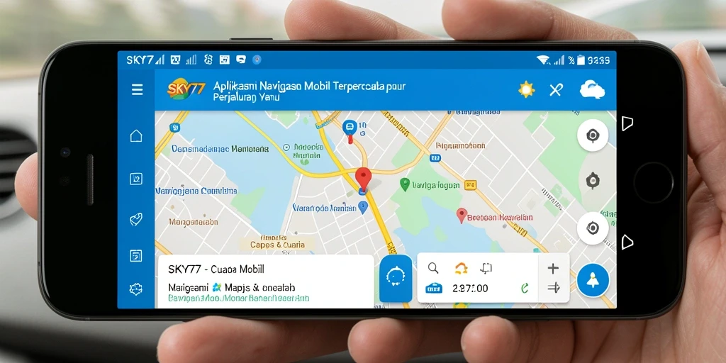Antarmuka aplikasi SKY77 menunjukkan fitur-fitur navigasi mobil yang lengkap.