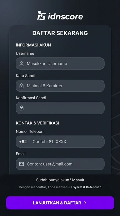 Daftar Akun Baru idnscore untuk Pengguna Android